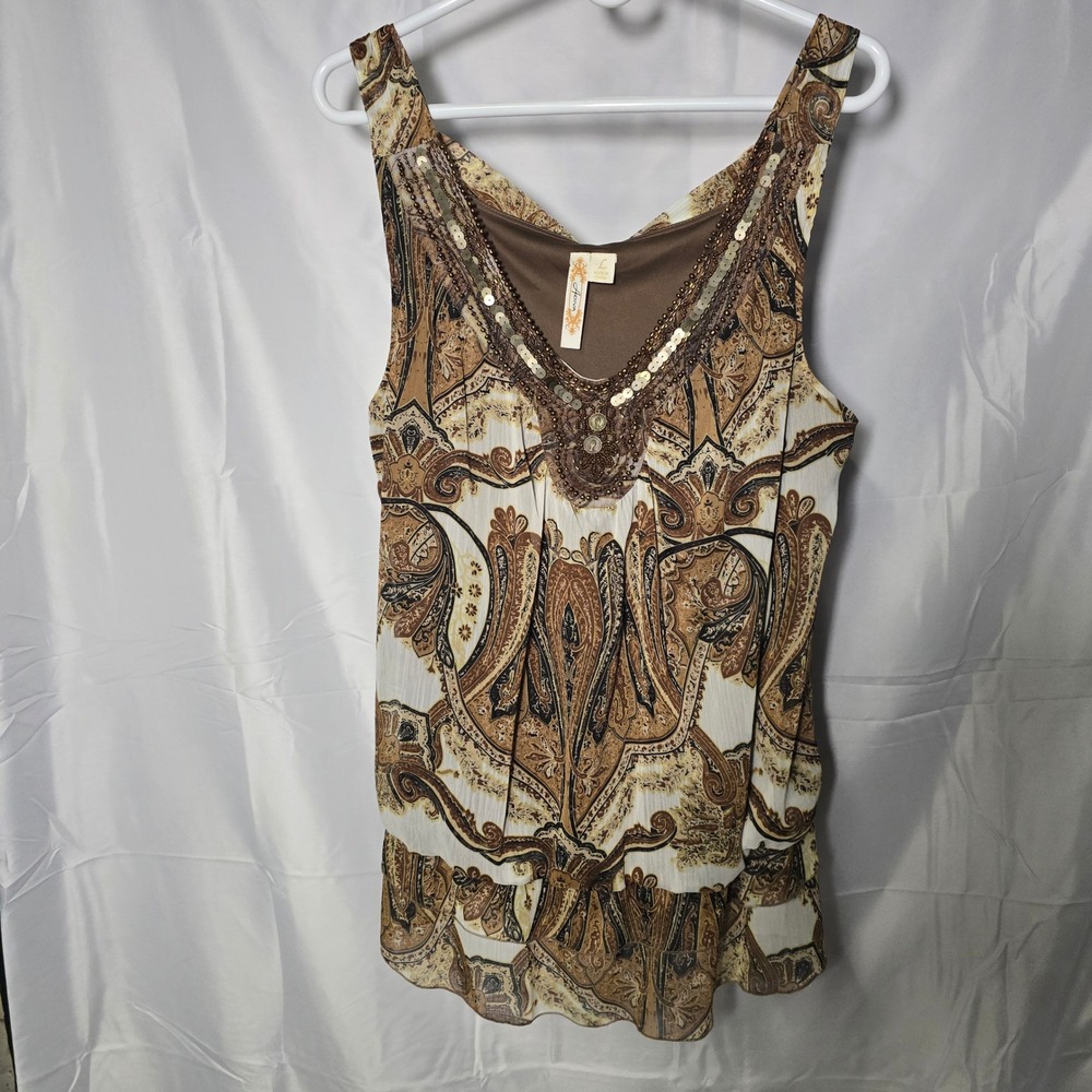 Adiva Boho‎ Womens Large Paisley Sleeveless Top Brown Tan Sequin Beaded Tiered